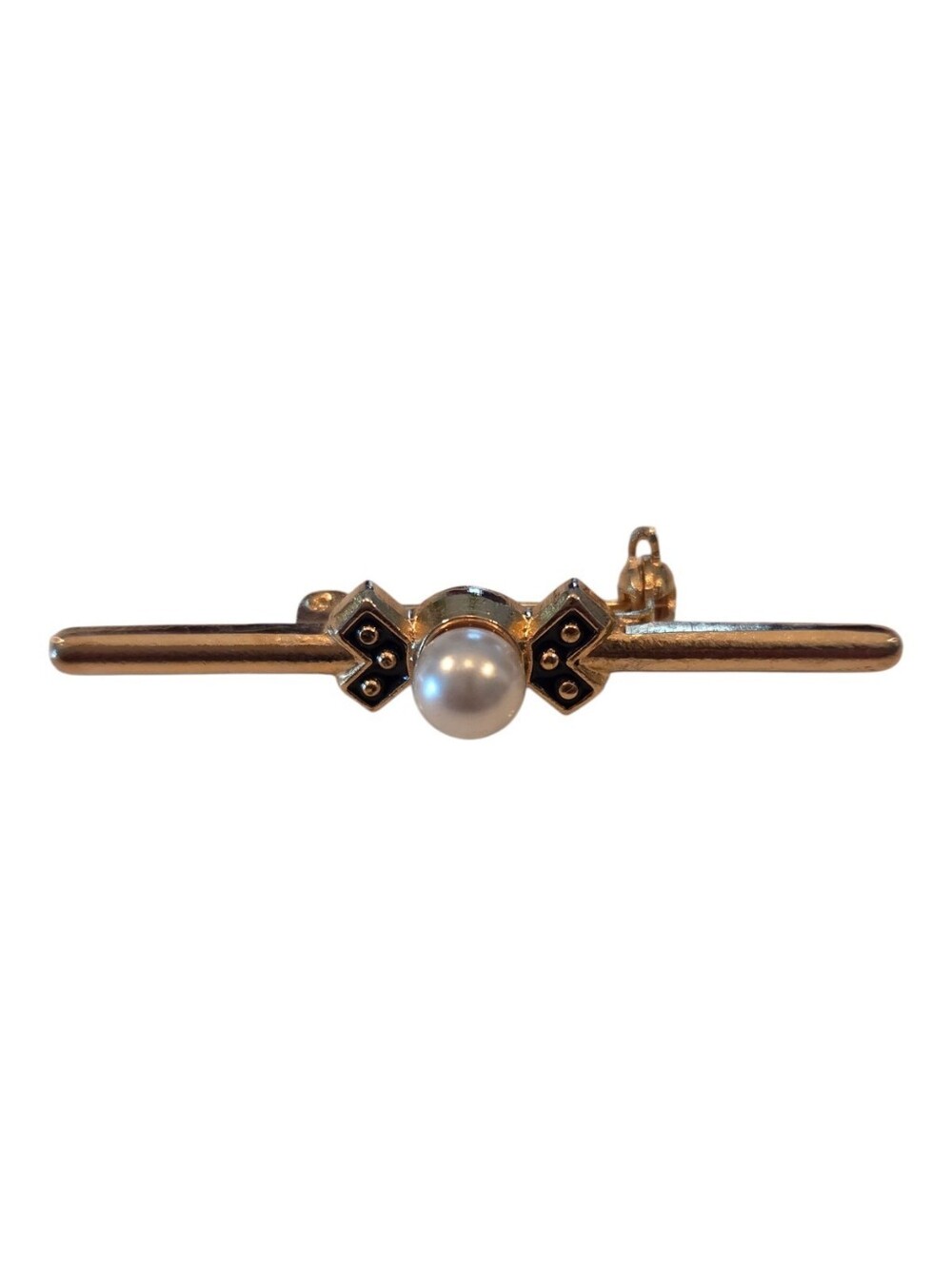 Vintage Gold Tone Faux Pearl & Black Enamel Bar Brooch Pin Art Deco Style